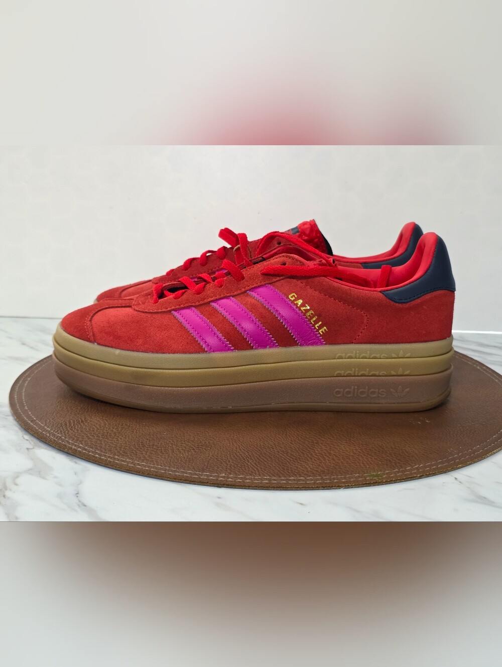 adidas Gazelle Platform Sneakers in Red with Pink Stripes